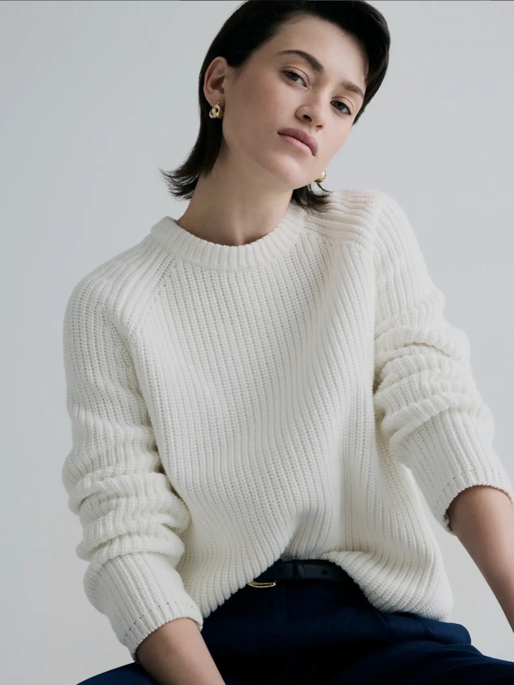 Quince Organic Cotton Ivory Fisherman Crewneck Sweater